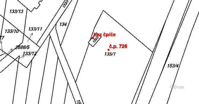 Bučovice 726 na parcele st. 135/1 v KÚ Bučovice, Katastrální mapa