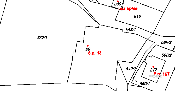 Blatno 13, Hlinsko na parcele st. 80 v KÚ Blatno u Hlinska, Katastrální mapa