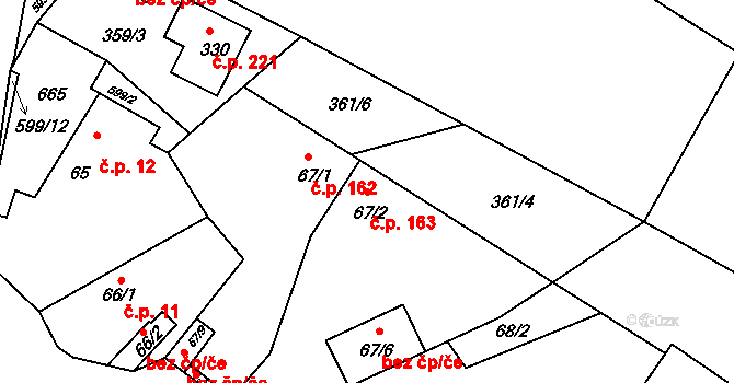 Jiřice 163, Kostelec nad Labem na parcele st. 67/2 v KÚ Jiřice u Kostelce nad Labem, Katastrální mapa