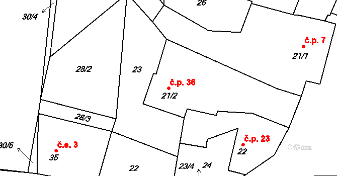 Vladměřice 36, Manětín na parcele st. 21/2 v KÚ Vladměřice, Katastrální mapa