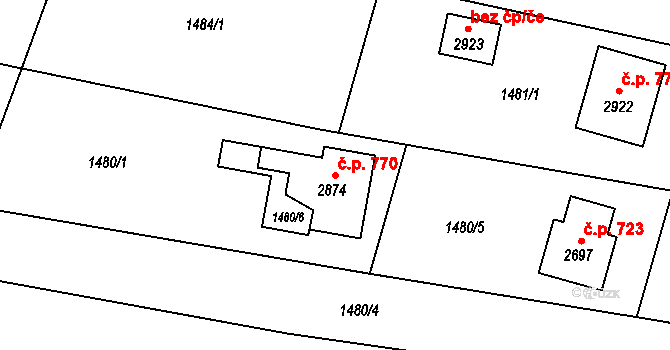 Hovězí 770 na parcele st. 2874 v KÚ Hovězí, Katastrální mapa