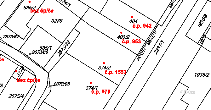 Bystřice pod Hostýnem 1553 na parcele st. 374/2 v KÚ Bystřice pod Hostýnem, Katastrální mapa