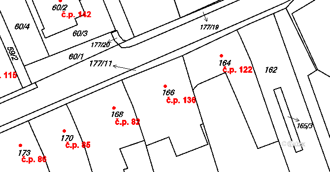 Těchov 136, Blansko na parcele st. 166 v KÚ Těchov, Katastrální mapa