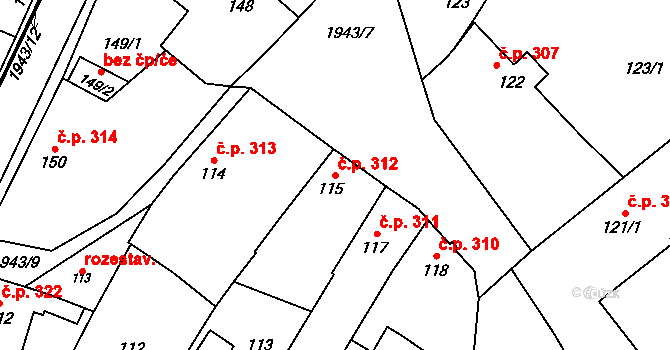 Třebechovice pod Orebem 312 na parcele st. 115 v KÚ Třebechovice pod Orebem, Katastrální mapa