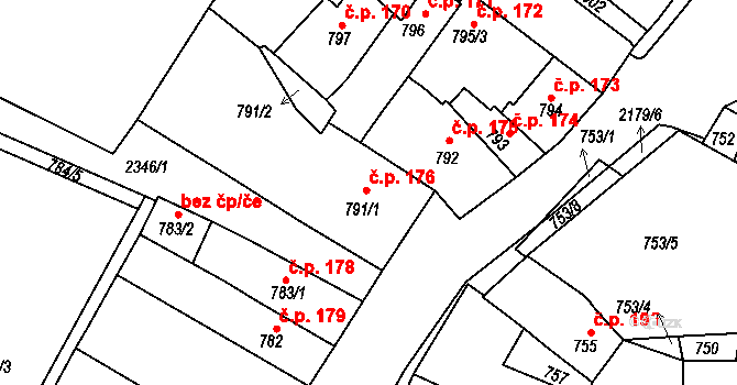 Březnice 176 na parcele st. 791/1 v KÚ Březnice, Katastrální mapa