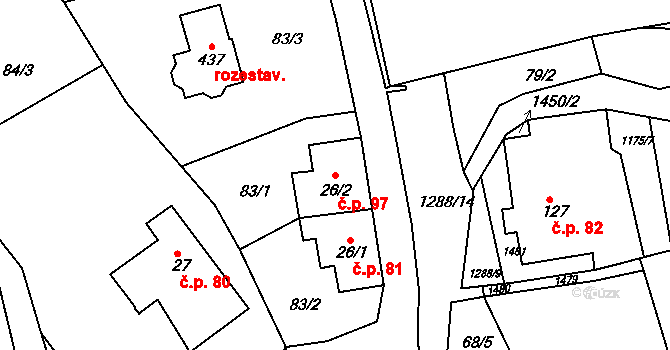 Dolní Třešňovec 97, Lanškroun na parcele st. 26/2 v KÚ Dolní Třešňovec, Katastrální mapa