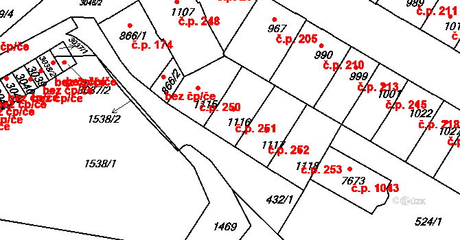 Stařečka 251, Třebíč na parcele st. 1116 v KÚ Třebíč, Katastrální mapa