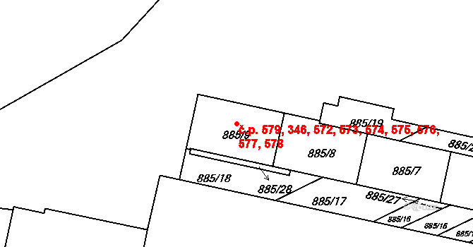 Lesná 346,572,573,574,575,, Brno na parcele st. 885/9 v KÚ Lesná, Katastrální mapa