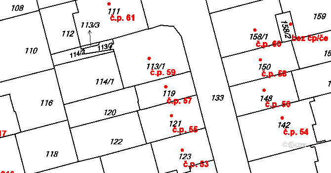 Černá Pole 57, Brno na parcele st. 119 v KÚ Černá Pole, Katastrální mapa
