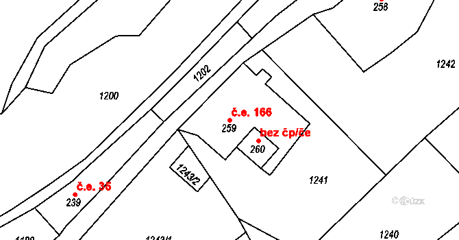 Háj 166, Loučná pod Klínovcem na parcele st. 259 v KÚ Háj u Loučné pod Klínovcem, Katastrální mapa