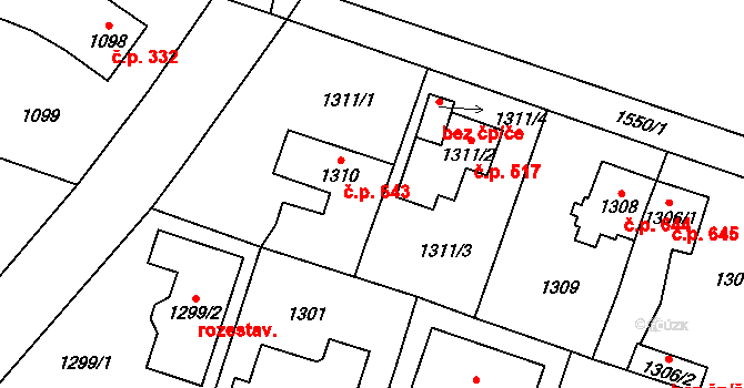 Dolní Počernice 643, Praha na parcele st. 1310 v KÚ Dolní Počernice, Katastrální mapa