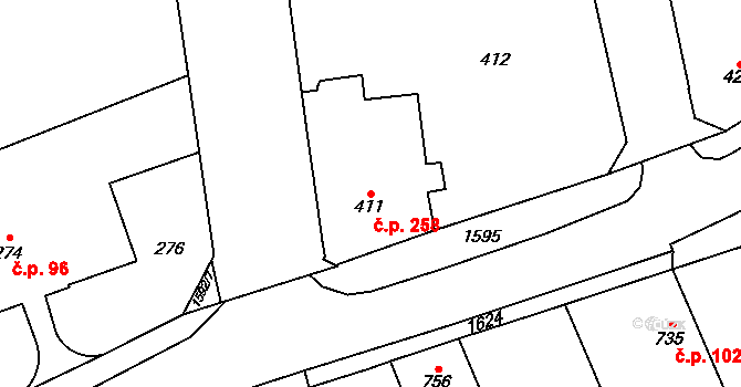 Řeporyje 258, Praha na parcele st. 411 v KÚ Řeporyje, Katastrální mapa