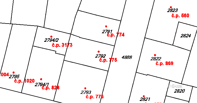 Smíchov 775, Praha na parcele st. 2792 v KÚ Smíchov, Katastrální mapa