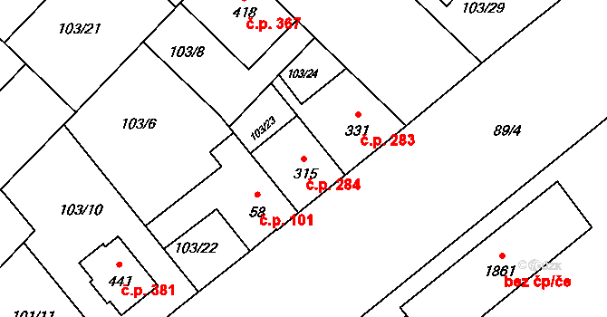 Lazce 284, Olomouc na parcele st. 315 v KÚ Lazce, Katastrální mapa