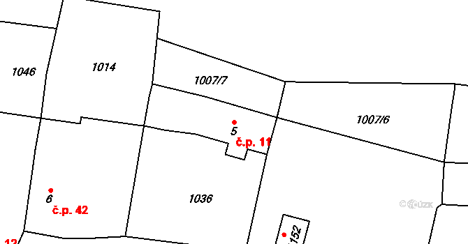 Velký Osek 11 na parcele st. 5 v KÚ Velký Osek, Katastrální mapa