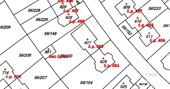 Hovorčovice 485 na parcele st. 627 v KÚ Hovorčovice, Katastrální mapa