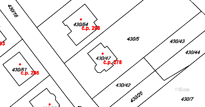 Těchov 278, Blansko na parcele st. 430/47 v KÚ Těchov, Katastrální mapa