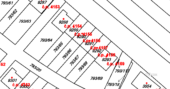 Hodonín 4157 na parcele st. 9291 v KÚ Hodonín, Katastrální mapa