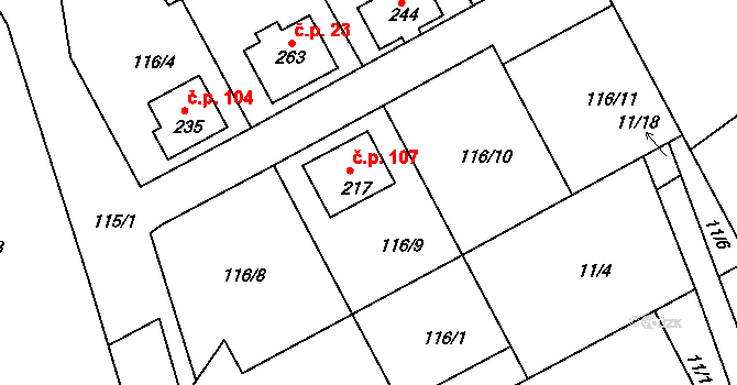 Klení 107, Benešov nad Černou na parcele st. 217 v KÚ Klení, Katastrální mapa