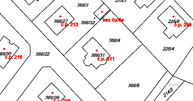 Hlízov 211 na parcele st. 368/31 v KÚ Hlízov, Katastrální mapa