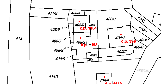 Vendryně 1163 na parcele st. 408/2 v KÚ Vendryně, Katastrální mapa