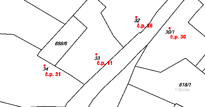 Teplýšovice 11 na parcele st. 33 v KÚ Teplýšovice, Katastrální mapa