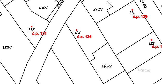 Hřivčice 136, Peruc na parcele st. 124 v KÚ Hřivčice, Katastrální mapa