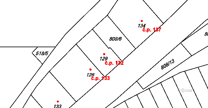 Křoví 132 na parcele st. 129 v KÚ Křoví, Katastrální mapa