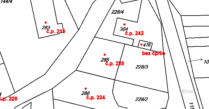 Louky 225, Zlín na parcele st. 285 v KÚ Louky nad Dřevnicí, Katastrální mapa