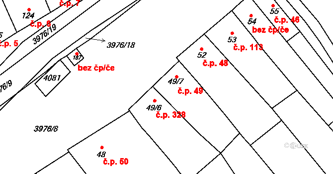 Kudlovice 49 na parcele st. 49/7 v KÚ Kudlovice, Katastrální mapa