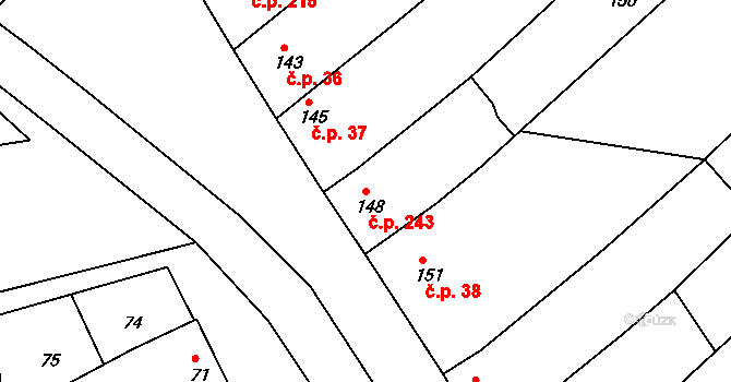 Chylice 243, Ostrožská Nová Ves na parcele st. 148 v KÚ Chylice, Katastrální mapa