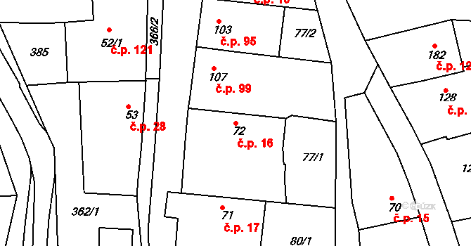 Hroubovice 16 na parcele st. 72 v KÚ Hroubovice, Katastrální mapa