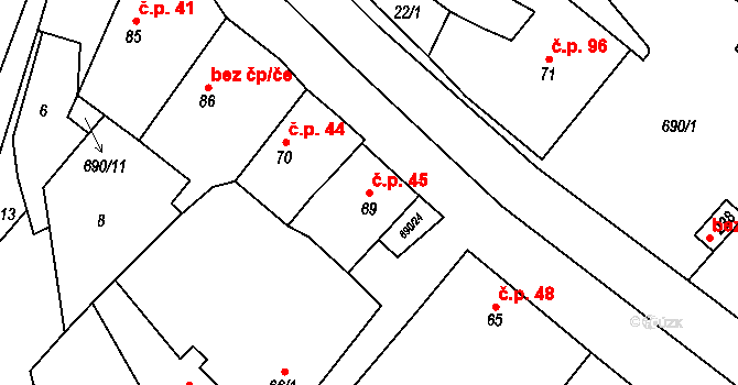 Chroustovice 45 na parcele st. 69 v KÚ Chroustovice, Katastrální mapa