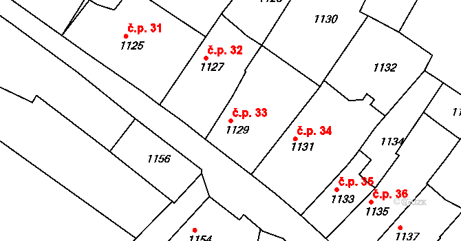 Litomyšlské Předměstí 33, Vysoké Mýto na parcele st. 1129 v KÚ Vysoké Mýto, Katastrální mapa