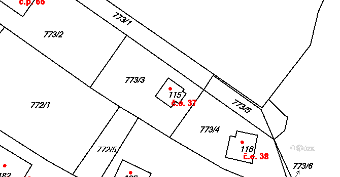 Plískov 37 na parcele st. 115 v KÚ Plískov, Katastrální mapa