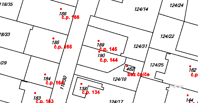 Břehy 144 na parcele st. 190 v KÚ Břehy, Katastrální mapa