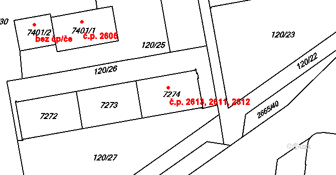 Zelené Předměstí 2611,2612,2613, Pardubice na parcele st. 7274 v KÚ Pardubice, Katastrální mapa