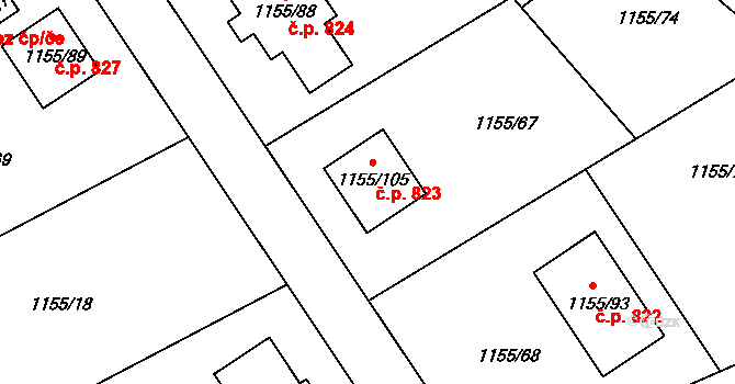 Štětí 823 na parcele st. 1155/105 v KÚ Štětí I, Katastrální mapa