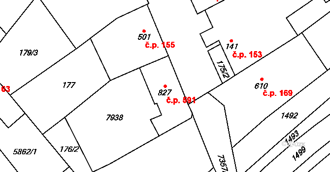 Dambořice 591 na parcele st. 827 v KÚ Dambořice, Katastrální mapa