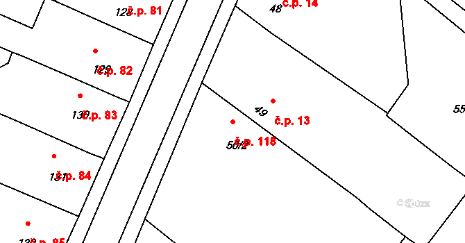 Lužany 118 na parcele st. 50/2 v KÚ Lužany u Přeštic, Katastrální mapa