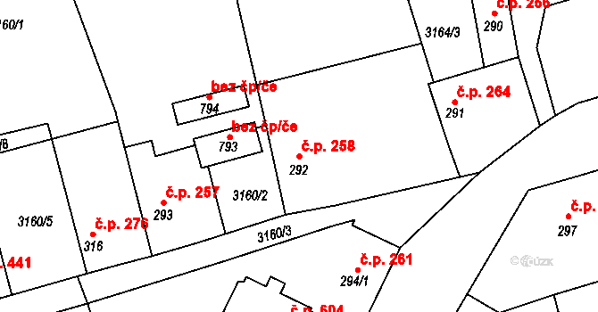 Kryry 258 na parcele st. 292 v KÚ Kryry, Katastrální mapa
