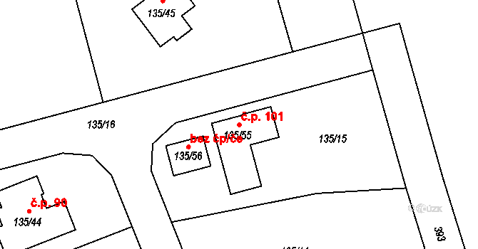 Háje 101, Kolová na parcele st. 135/55 v KÚ Háje u Karlových Var, Katastrální mapa