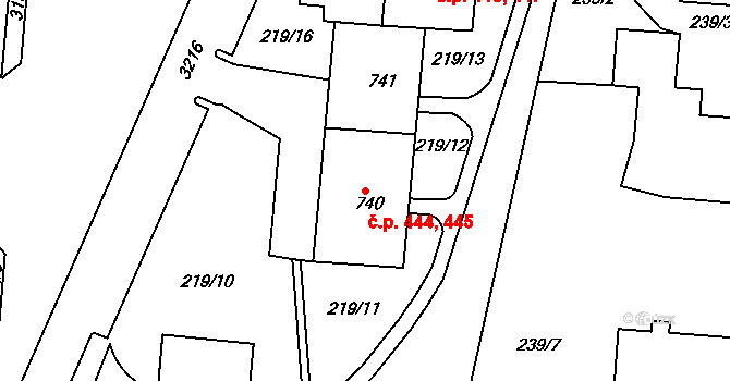 Toužim 444,445 na parcele st. 740 v KÚ Toužim, Katastrální mapa