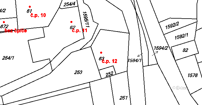 Veselé 12 na parcele st. 63 v KÚ Veselé, Katastrální mapa