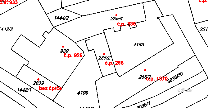 Kyjov 266 na parcele st. 285/2 v KÚ Kyjov, Katastrální mapa