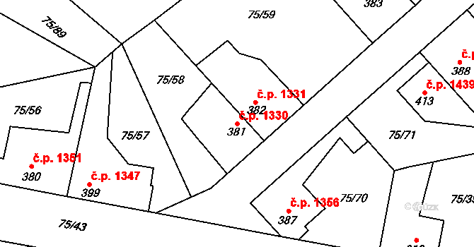 Švermov 1330, Kladno na parcele st. 381 v KÚ Hnidousy, Katastrální mapa