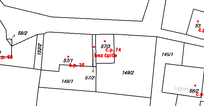 Rudná 74 na parcele st. 57/3 v KÚ Horní Rudná, Katastrální mapa
