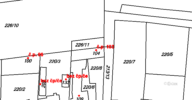 Vysoký Újezd 103 na parcele st. 104 v KÚ Vysoký Újezd u Berouna, Katastrální mapa