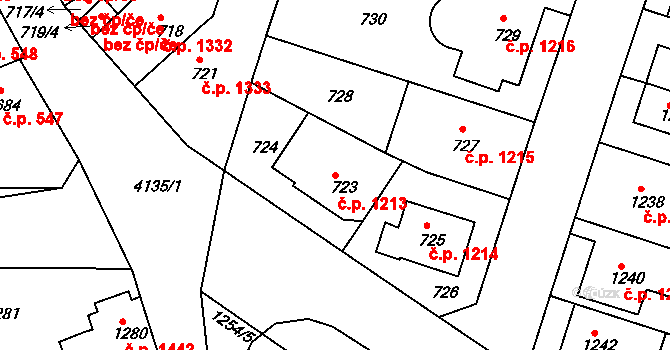 Roudnice nad Labem 1213 na parcele st. 723 v KÚ Roudnice nad Labem, Katastrální mapa