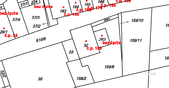Měděnec 108 na parcele st. 32 v KÚ Měděnec, Katastrální mapa